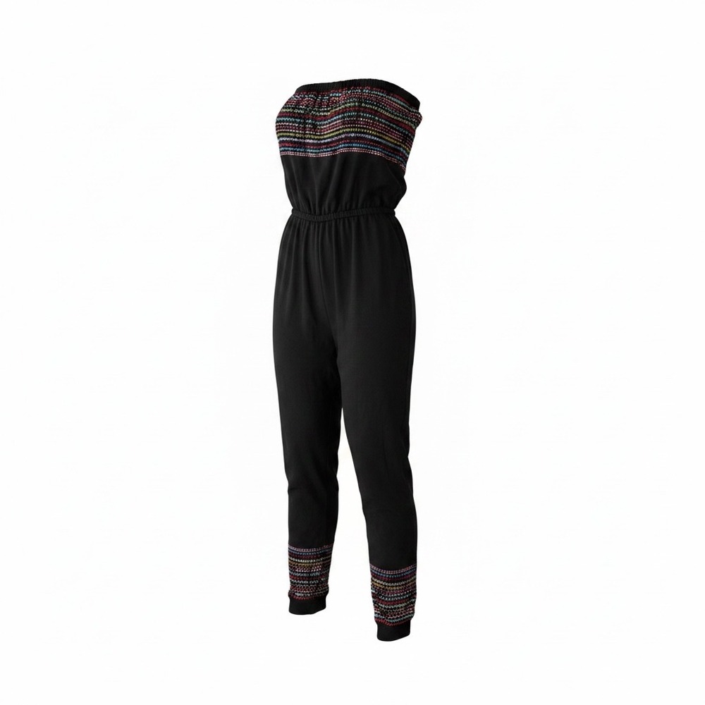 Carolina K Black Sequin Strapless Jumpsuit Multi Color Boho Bandeau One Piece - Picture 1 of 10